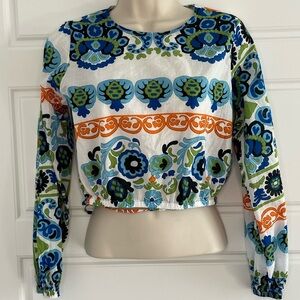 Industry by Republic Clothing Cotton Orange Blue Crop Top Puff Sleeve Boho XS